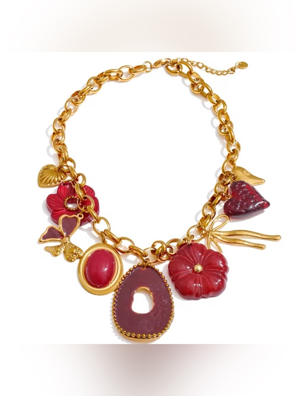 Burgundy Charm Statement Necklace | Gold Plated Chunky Chain | Necklace - Picture 3 of 7